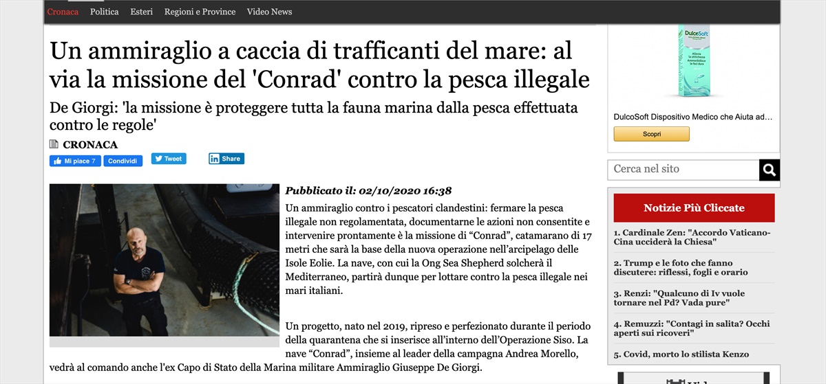 Ammiraglio Giuseppe De Giorgi - Un ammiraglio a caccia di trafficanti del mare: al via la missione del 'Conrad' contro la pesca illegale